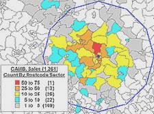 multiyork geodemographic map example - cambidge showroom sales  volume by postcode sector